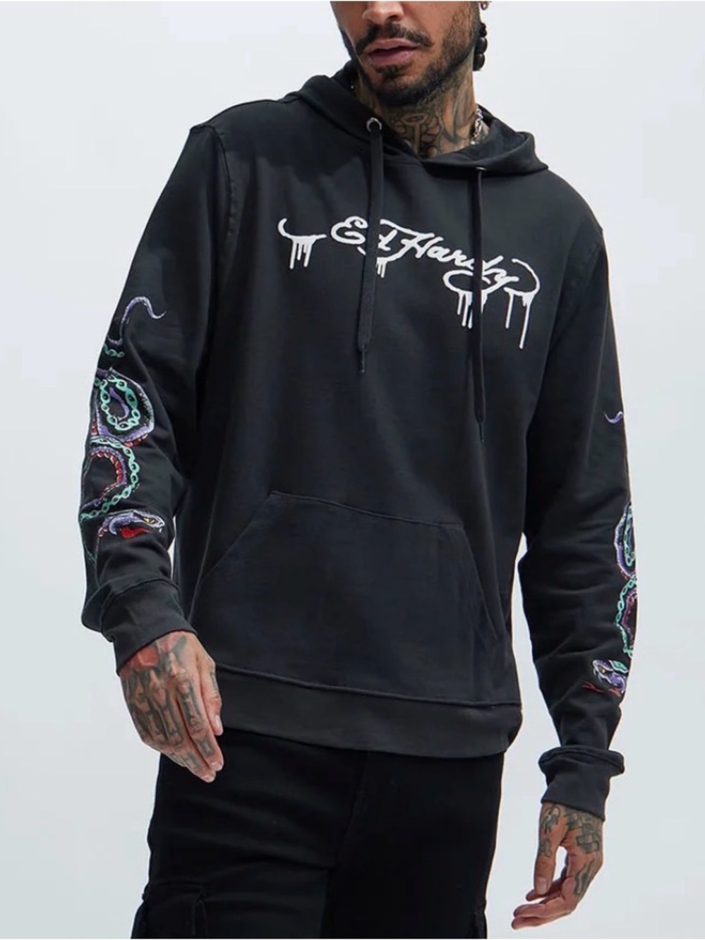 NWT - Ed Hardy Men’s Snake Black Hoodie with White Branding - Size L | Brand New